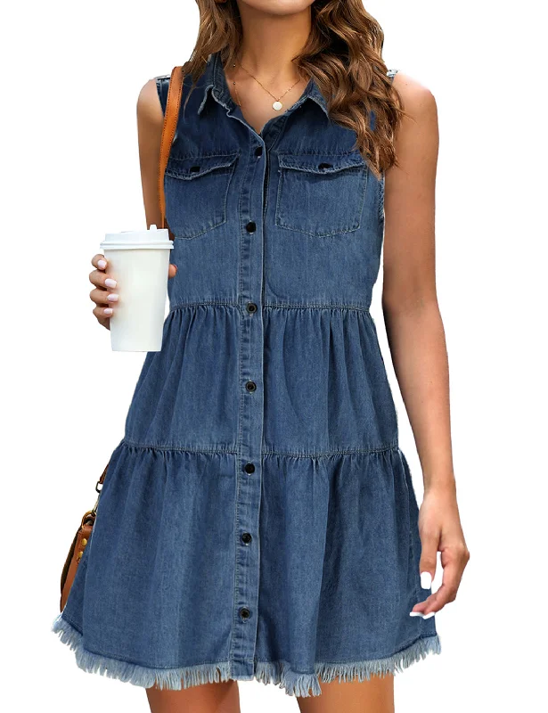 Denim dress with gathered elastic waist--Deep Cobalt Blue Button Down Collar Sleeveless Tiered Denim Dress