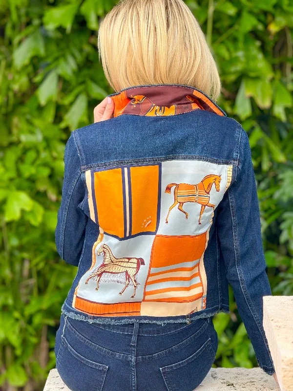 Women's denim jackets for tall women -The Dark  Denim Jacket /  Light Blue with Orange Horse