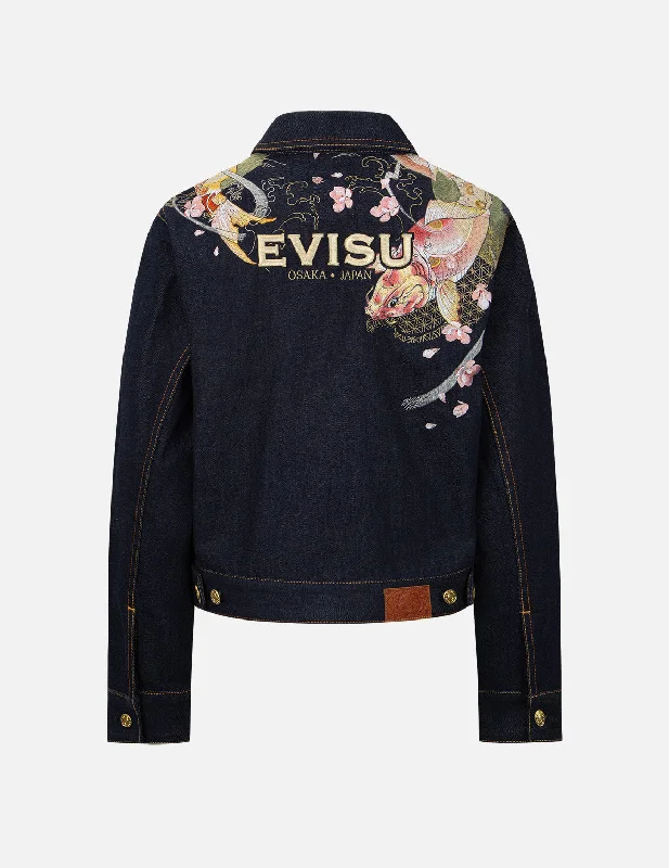 Denim jackets for petite women -Tattoo Koi and Sakura Embroidery Denim Jacket