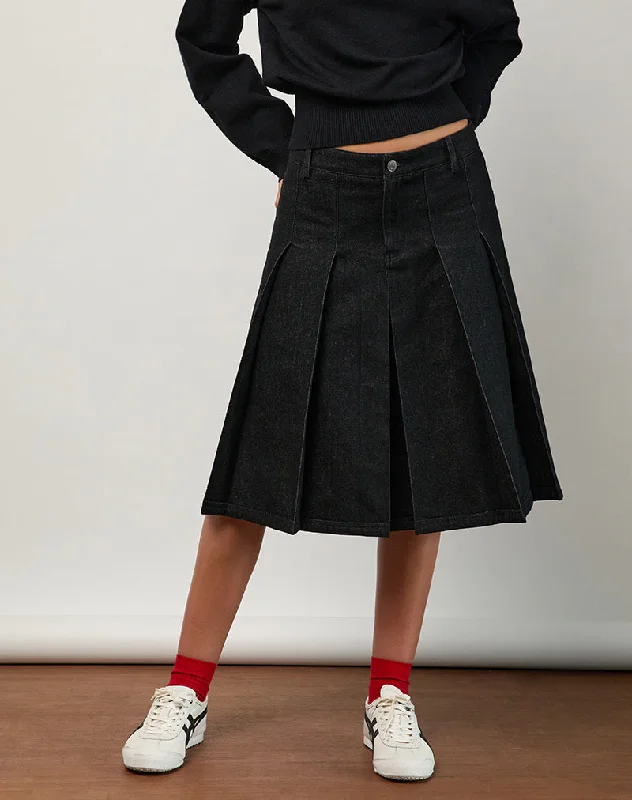 Denim dress with front wrap design--Sanjani Midi Skirt in Dark Chambray
