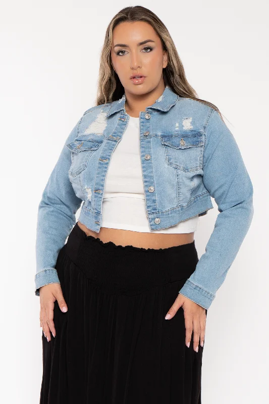 Denim coats for special occasions -Plus Size Austin Destroyed Denim  Jacket - Light Wash