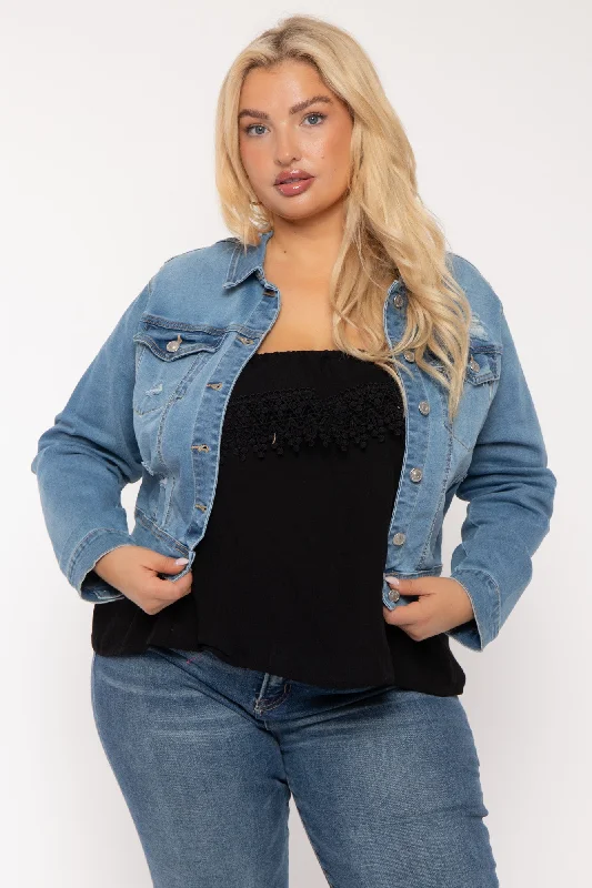 Styling tips for boyfriend denim jackets -Plus Size Raven  Destroyed Denim  Jacket - Light  Wash
