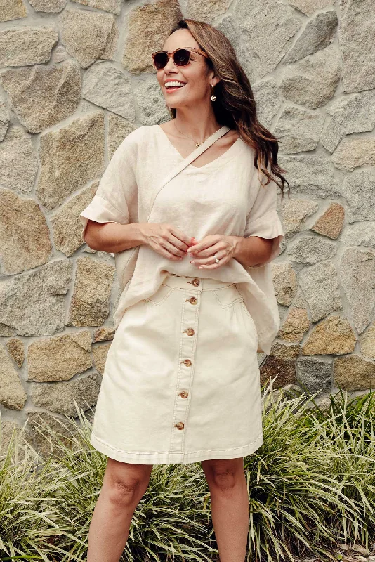 Denim dress with contrast yoke panel--Amanda Ivory Stretch Denim Skirt