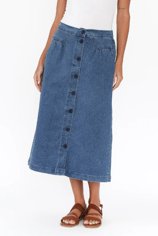 How to style denim dress for dinner--Amanda Blue Stretch Denim Midi Skirt
