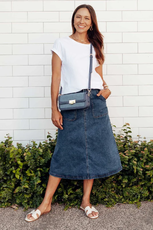 Best denim dresses for hourglass shape--Winslow Blue Denim Midi Skirt