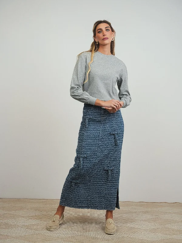 Denim dress with removable hoodie--Denim Skirt With 3D Bows