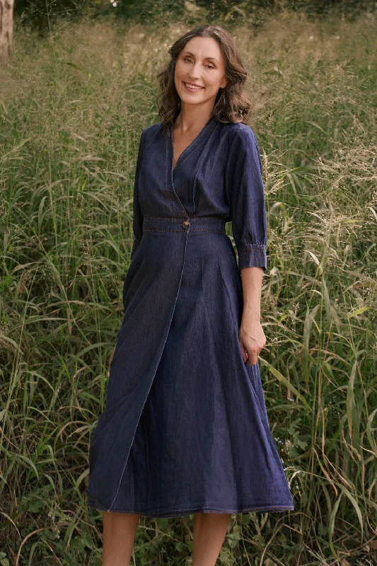 How to style denim dress for brunch--Wendy Chambray Wrap Dress in Dark Wash
