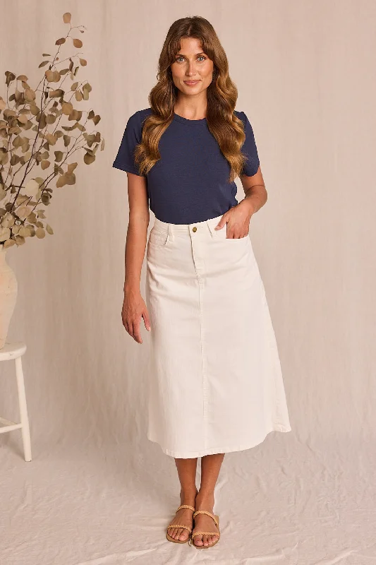 Denim dress with side zip pocket--Adrift Denim A-Line Skirt in White