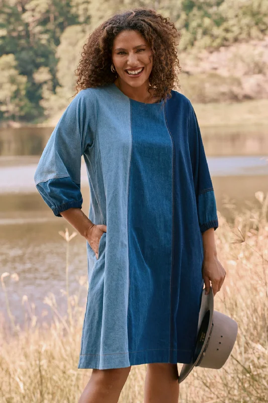 Best denim dresses for athletic legs--Hazel Denim Shift Dress in Patchwork