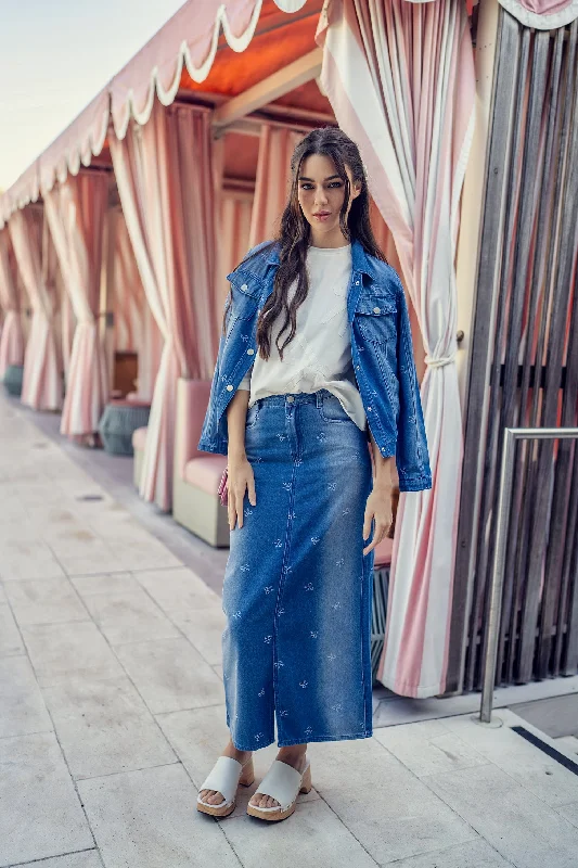 How to style denim dress for hiking--Denim Skirt With Bows