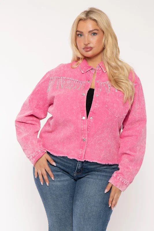Women's denim jackets for spring fashion -Plus Size Rhinestone Denim Jacket -  Pink