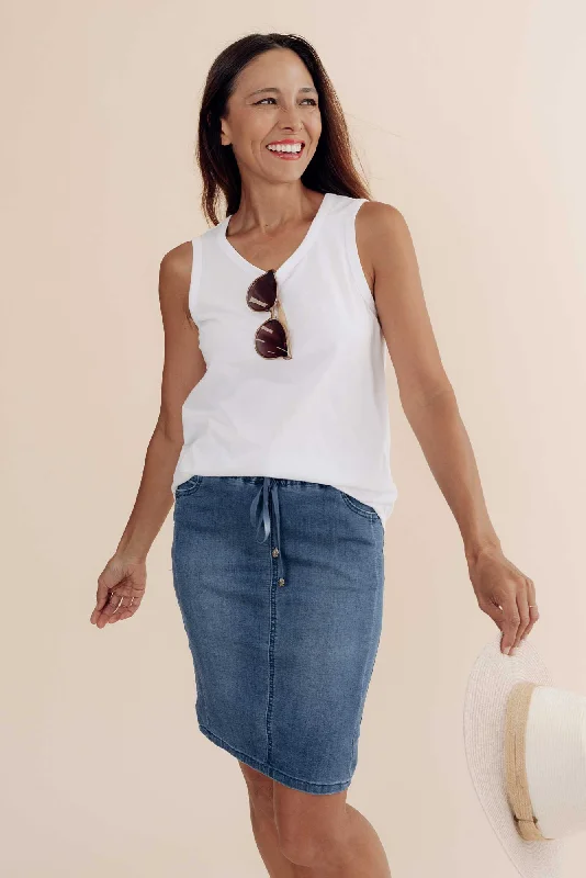 Denim dress with contrast hem detail--Lacy Blue Denim Stretch Skirt