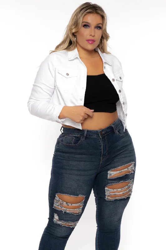 Women's denim jackets for tall women -Plus Size Basic Denim Jacket - White