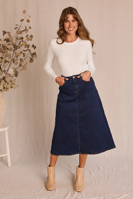 Denim dress with contrast panel skirt--Adrift Denim A-Line Skirt in Dark Wash