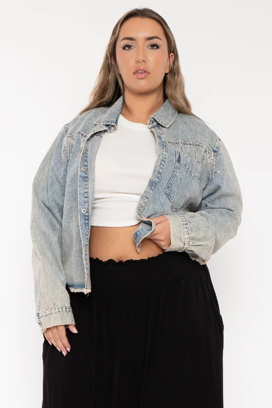 How to care for distressed denim jackets -Plus Size   Rhinestone Denim Jacket - Blue