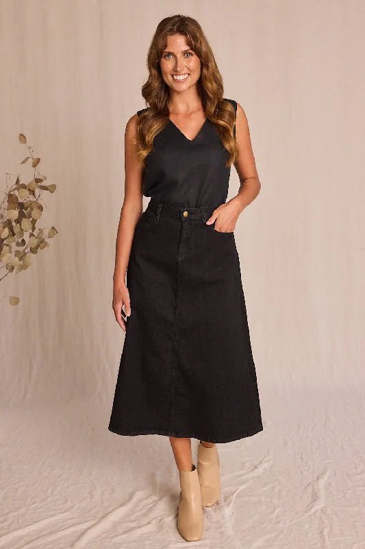 Denim dress with side ruching design--Adrift Denim A-Line Skirt in Black