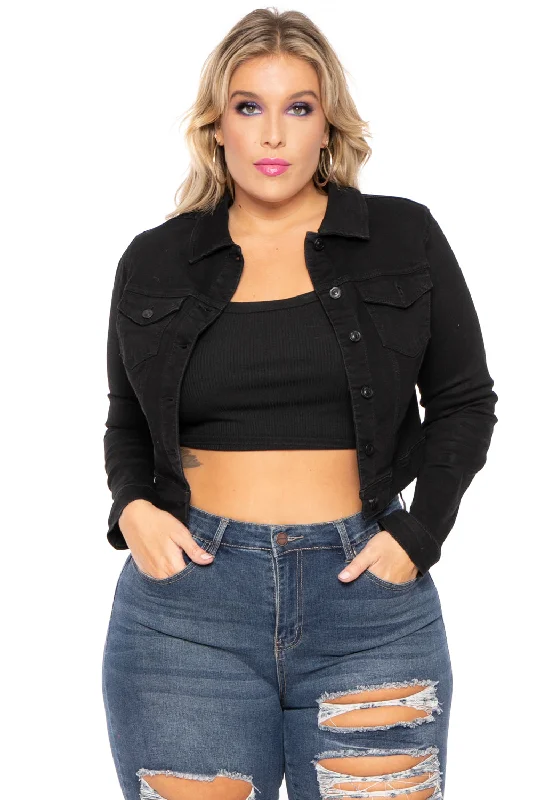 How to style a denim coat for winter -Plus Size Basic Denim Jacket - Black