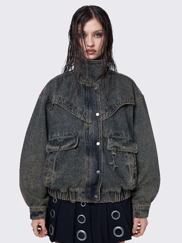 Styling tips for boyfriend denim jackets -Joy Blue Denim Bomber Jacket