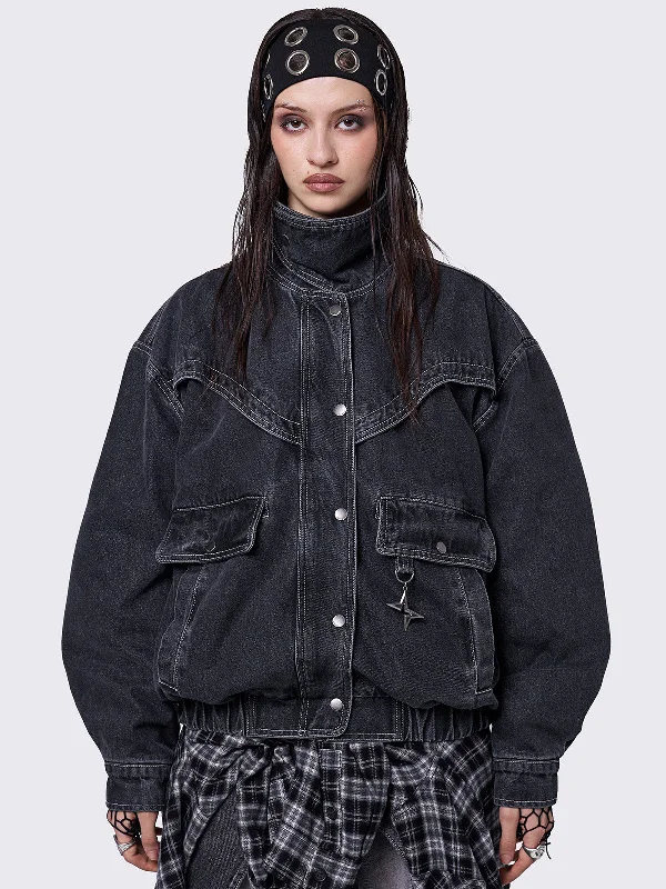 Denim coats with unique embroidery -Joy Black Denim Bomber Jacket