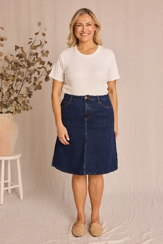 Denim dress with front slit detail--Adrift Denim Short A-Line Skirt in Mid Wash