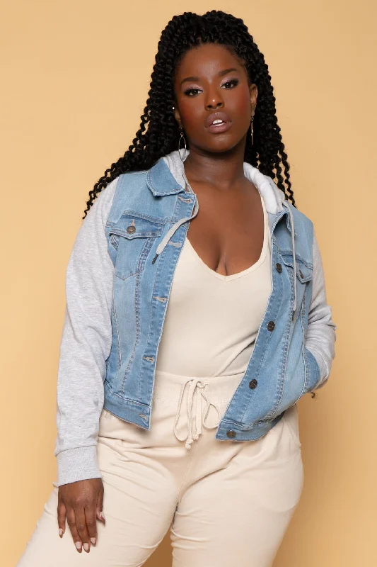 Denim jackets for athletic wear -Plus Size Denim Hoodie Trucker Jacket - Light Wash Denim jackets for athletic wear -Plus Size Denim Hoodie Trucker Jacket - Light Wash