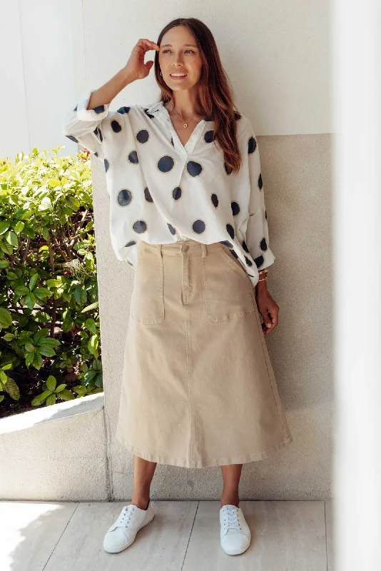 How to style denim dress for concert--Winslow Beige Denim Midi Skirt