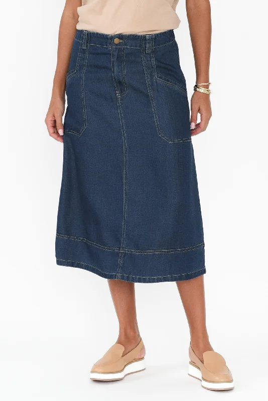 Denim dress with side gathering--Yvonne Mid Wash Tencel Midi Skirt