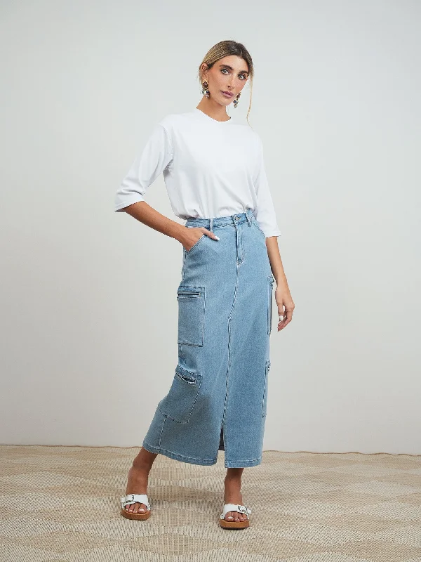 Best denim dresses for narrow waist--Denim Cargo Skirt