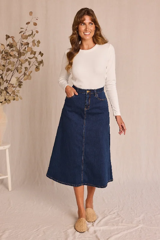 Denim dress with adjustable waist tie--Adrift Denim A-Line Skirt in Mid Wash