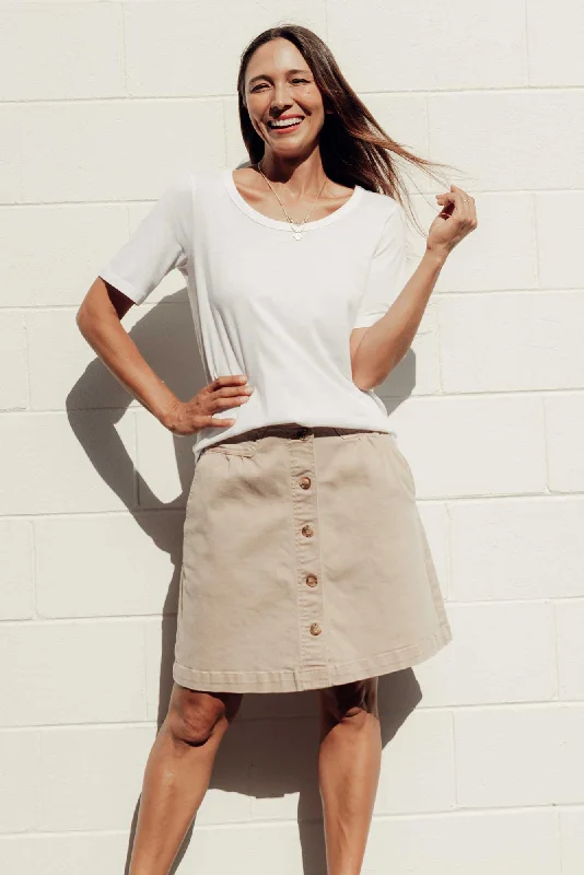 Denim dress with front panel accents--Amanda Natural Stretch Denim Skirt