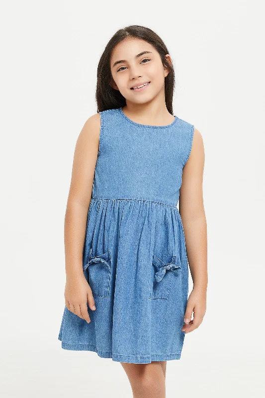 How to prevent denim dress fading--Girls Blue Denim Dress With Pockets