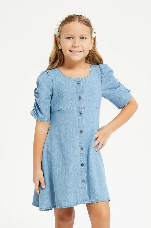 Denim dress with lace-up back design--Girls Blue Front Open Denim Dress