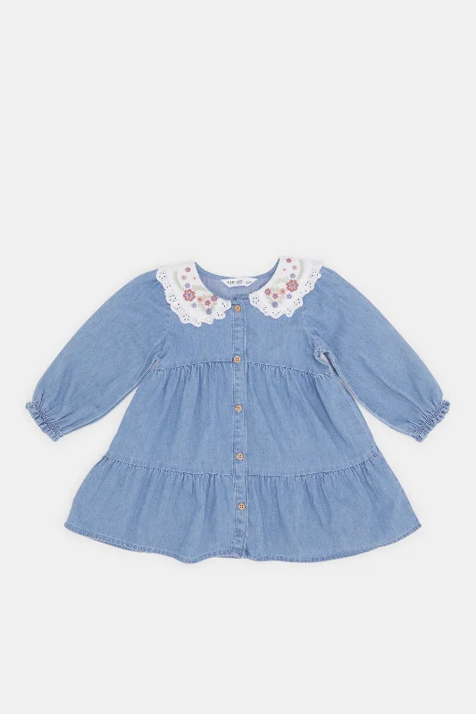 Denim dress with raw hem trends--Infant Girls Blue Embroidered Denim Dress