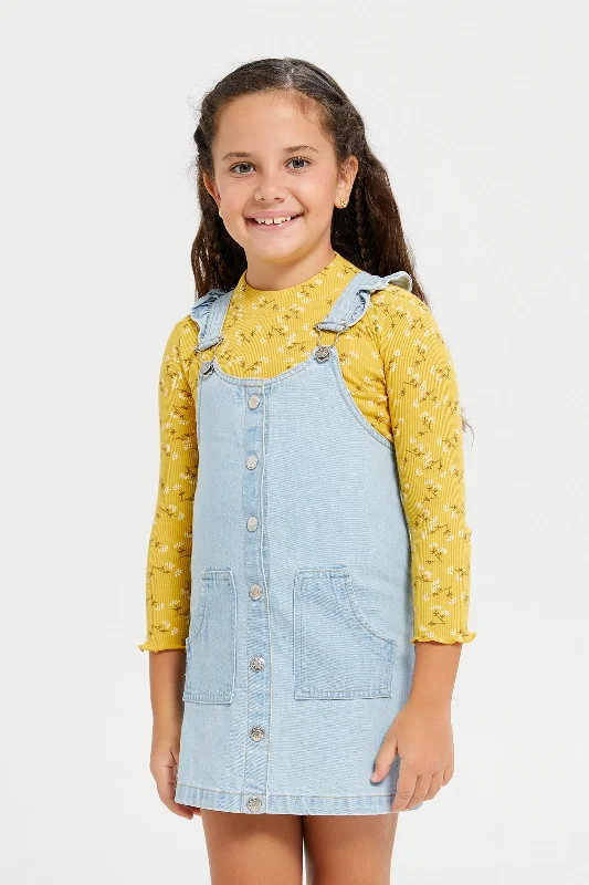 Best denim dresses for broad shoulders--Girls Blue Denim Dress With Yellow T-Shirt (2 Piece) Best denim dresses for broad shoulders--Girls Blue Denim Dress With Yellow T-Shirt (2 Piece)
