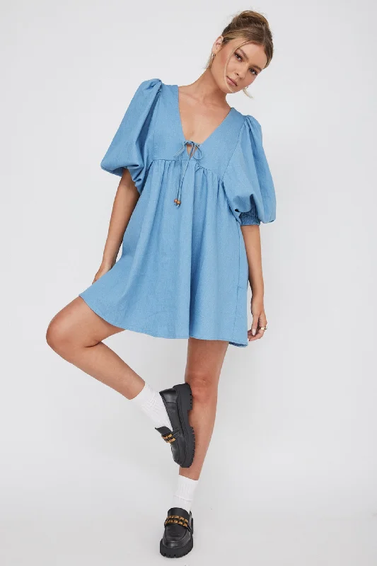 Denim dress with pleated skirt detail--Denim with belt for spring-New Haven Puff Sleeve Swing Dress Denim