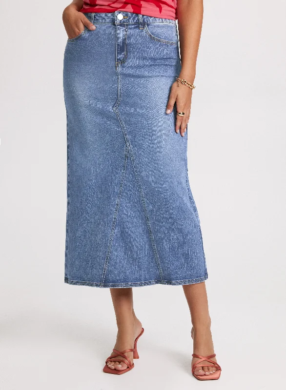 Women's pleated denim skirts with lace details for romantic style -A-Line Denim Skirt