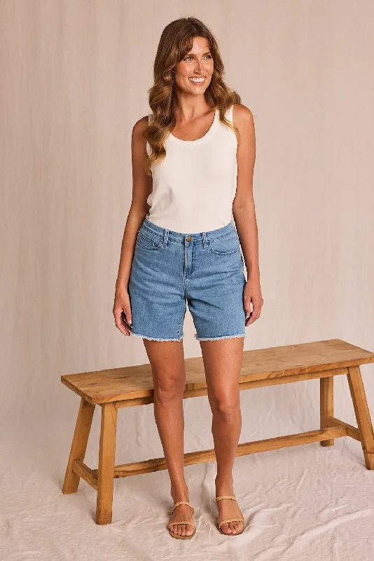 Women's denim shorts for summer to wear on fits to :Adrift Denim Cut Off Shorts in Light Wash