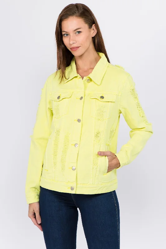 Best denim jackets for workwear -Women's denim jacket with bags-American Bazi Distressed Back Button Down Denim Jacket