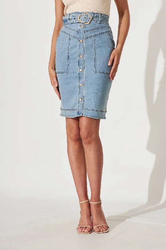 Women's denim skirts with zip closure for easy wear -Arabella Denim Skirt With Belt In Mid Blue