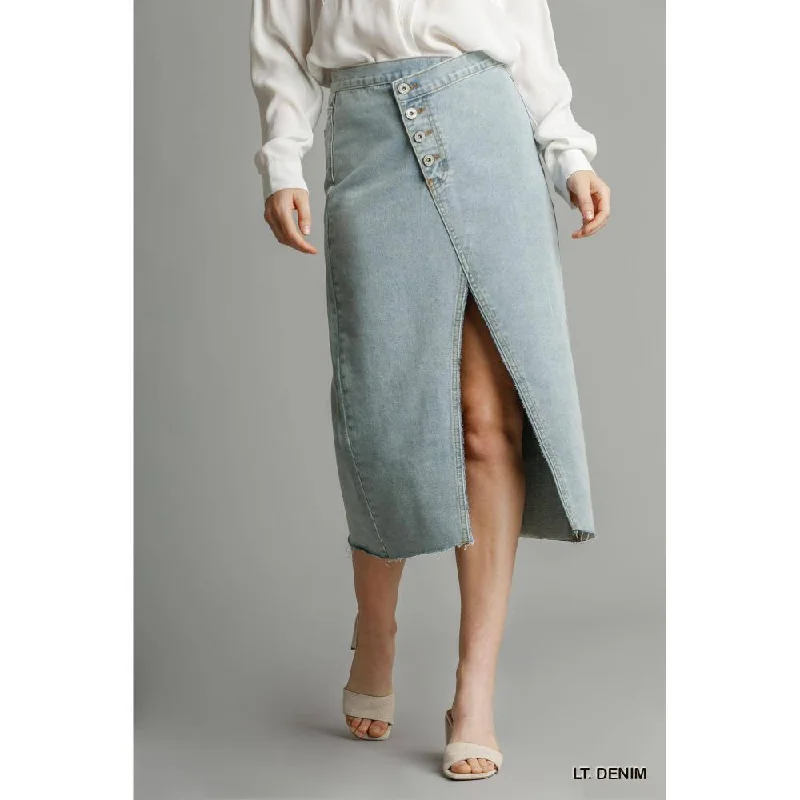 Women's maxi denim skirts for bohemian chic -Asymmetrical Waist And Button Up Front Split Denim Skirt With Back Pockets And Unfinished Hem