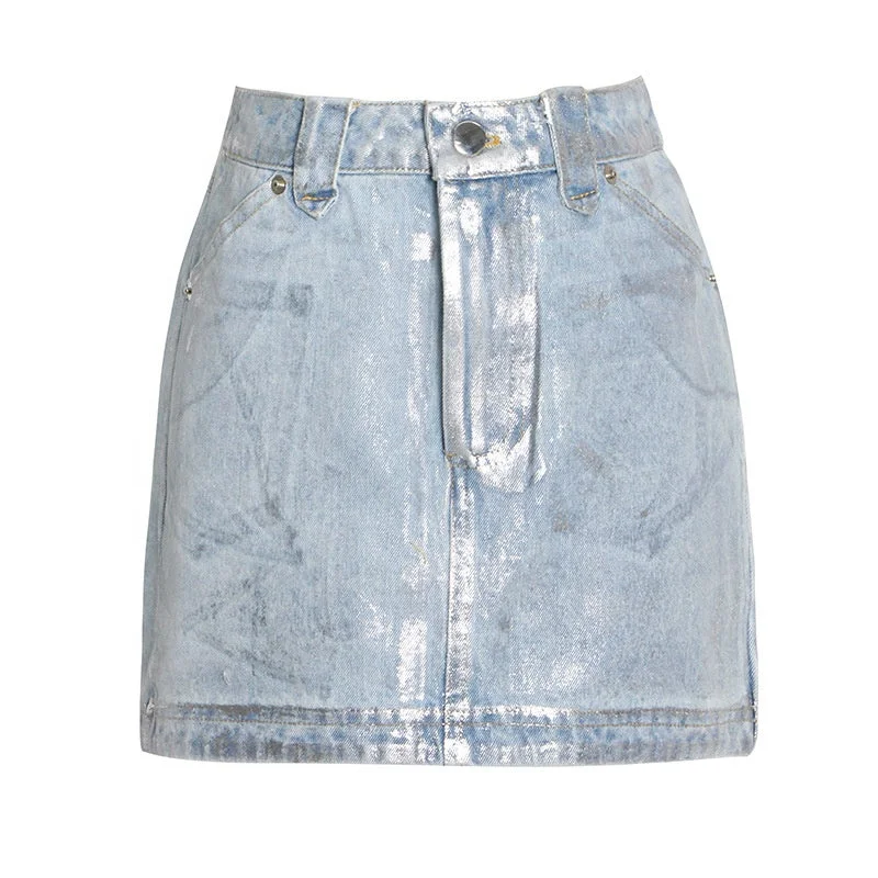 Women's denim skirts with belt loops for stylish accessories -Autumn streetwear silver printed y2k A line ladies jean skirts fashion sexy tight mini denim womens skirts Women's denim skirts with belt loops for stylish accessories -Autumn streetwear silver printed y2k A line ladies jean skirts fashion sexy tight mini denim womens skirts