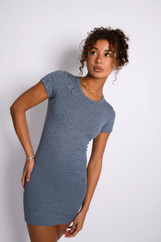 Denim dress with gathered elastic waist--Women plus can party wear-Baby Tee Dress Ribbed - Denim