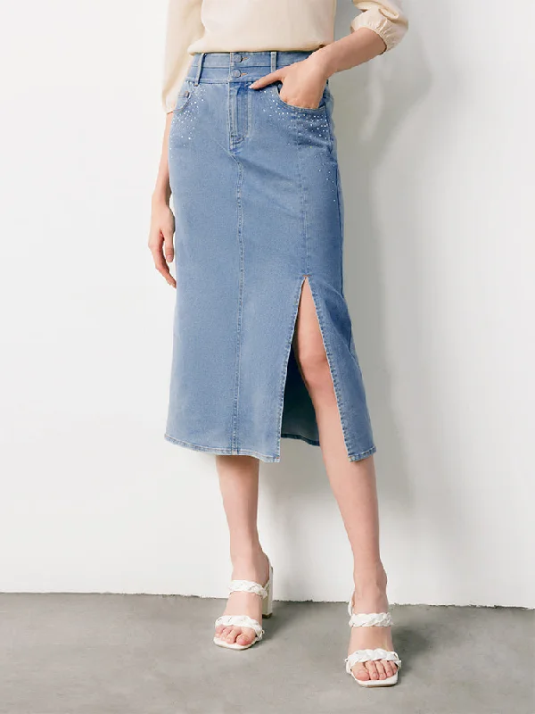 Women's denim skirts for outdoor adventures -Blue High Waist Slit Midi Denim Skirt