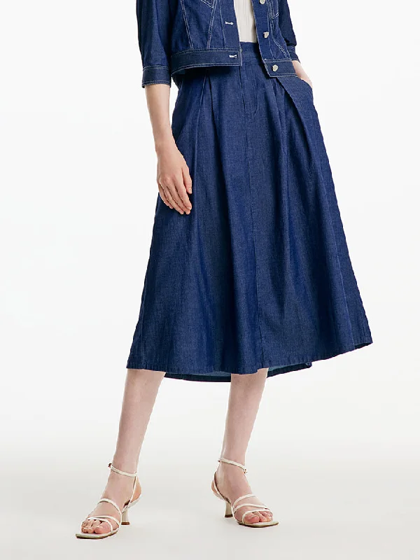 Women's wrap-around denim skirts with tie waist for adjustable fit -Blue Rubber Waist Denim Skirt Women's wrap-around denim skirts with tie waist for adjustable fit -Blue Rubber Waist Denim Skirt