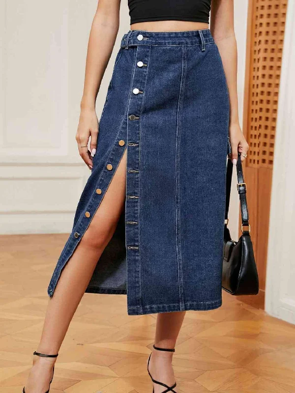 Women's long denim skirts for elegant fashion -Button Down Denim Skirt