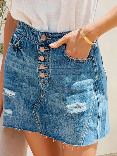Women's denim skirts for curvy body types -Button-Fly Distressed Raw Hem Denim Skirt