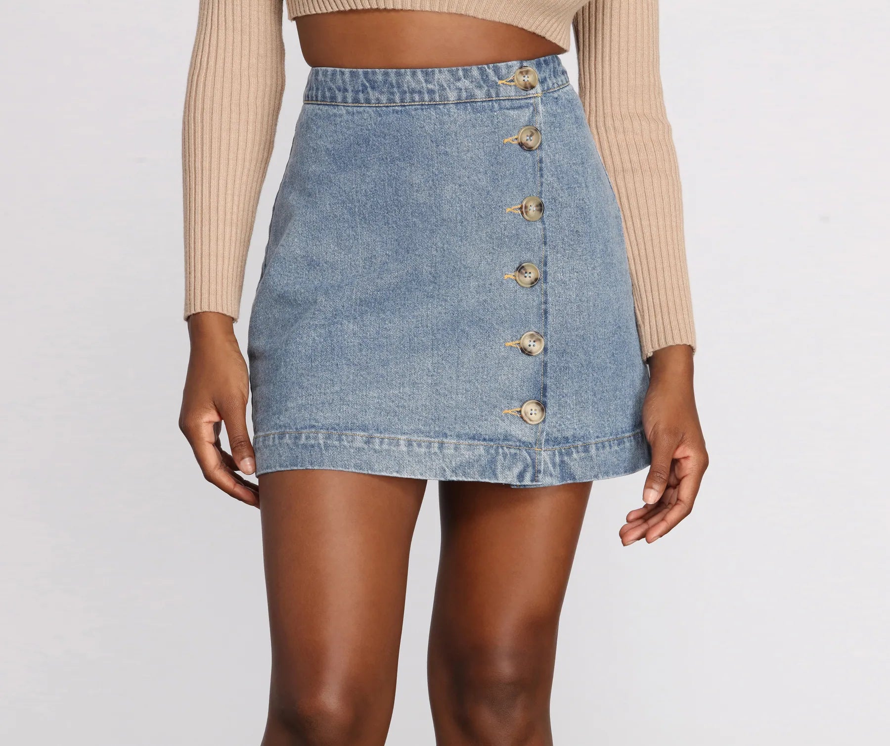 Women's denim skirts for maternity wear -Button Front Jean Mini Skirt
