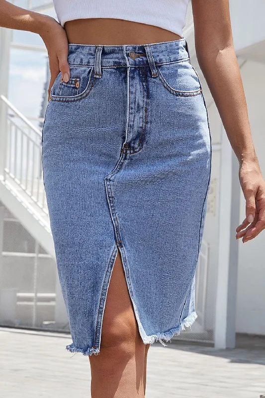 Women's denim skirts with frayed hem for casual looks -Sass Approved Slit Denim Skirt