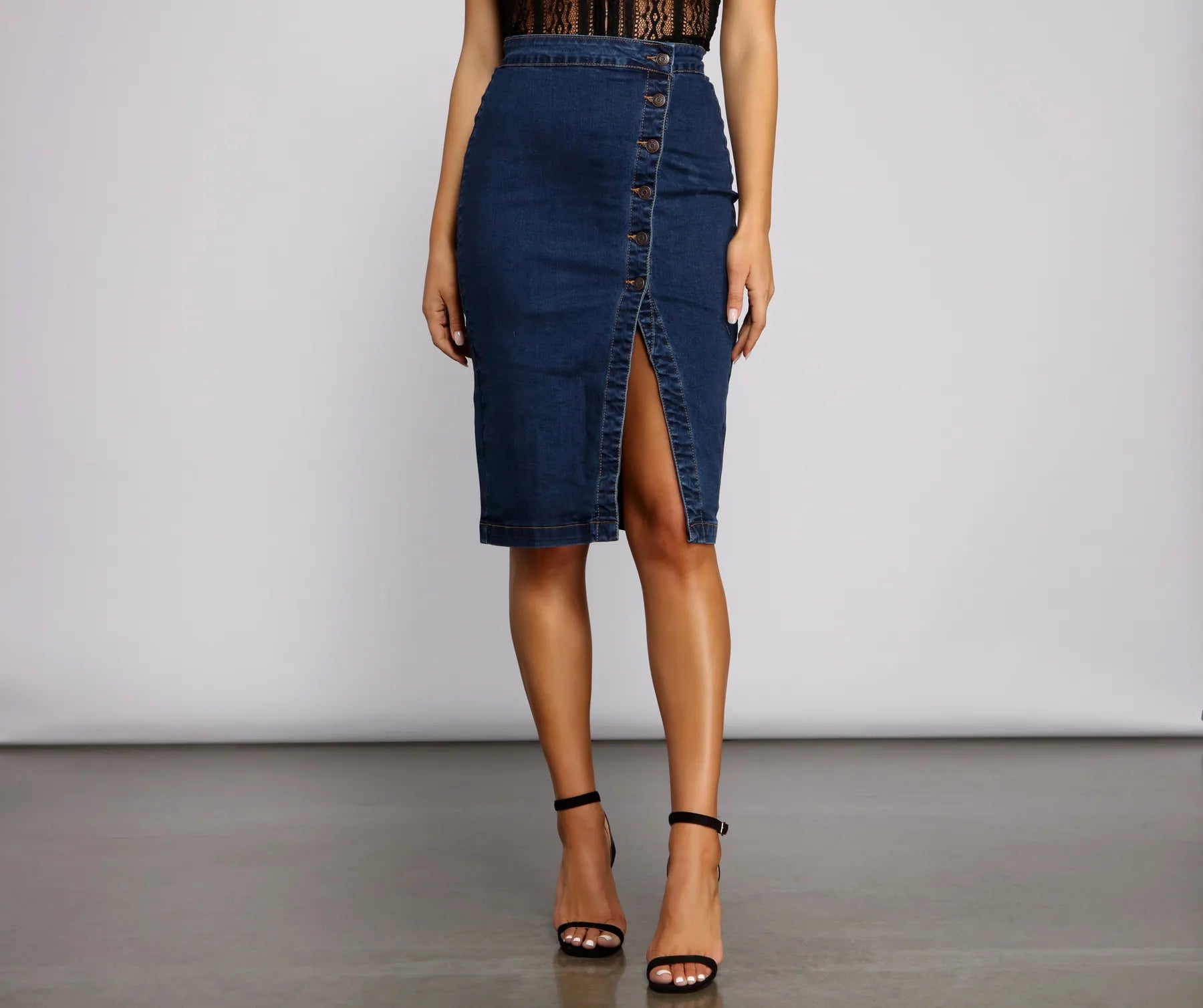 Women's soft stretch denim skirts for comfort -By Your Side Button Down Denim Skirt