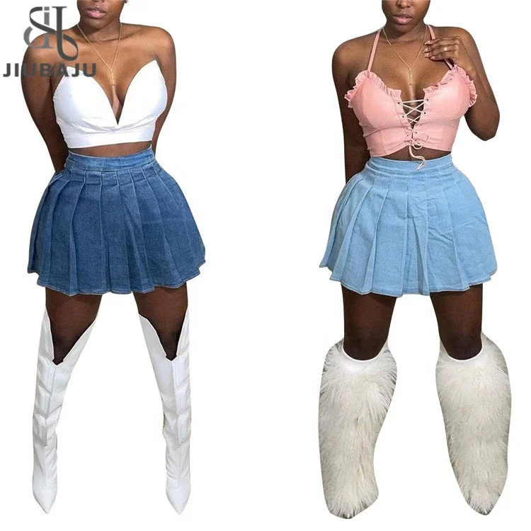 Women's denim skirts for day-to-night outfits -Casual Denim Pleated Mini Skirt Women Solid Color a Line Jeans Summer Female Short Skirt Women's denim skirts for day-to-night outfits -Casual Denim Pleated Mini Skirt Women Solid Color a Line Jeans Summer Female Short Skirt